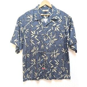 Tommy Bahama Mens Silk Shirt Sz L Hawaiian Blue Floral Button Up Short Sleeve